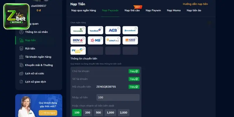 Hệ thống của ZBET cung cấp nhiều phương thức nạp tiền