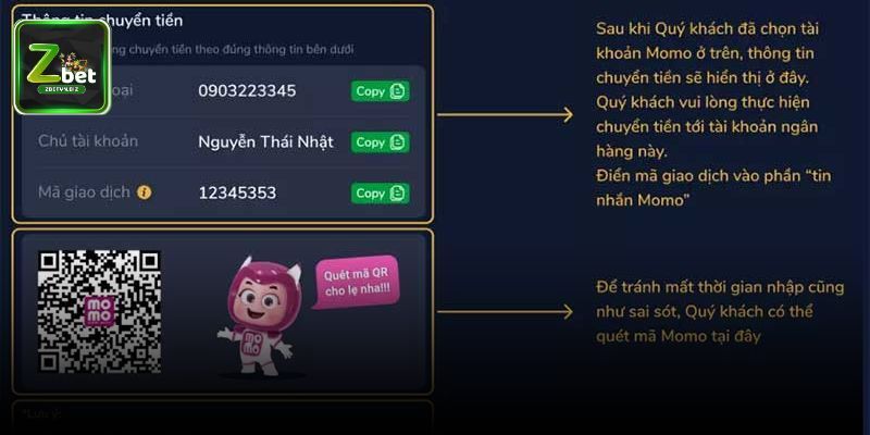Nạp tiền ZBET qua MOMO đơn giản trong 2 phút
