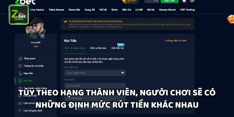 Tùy theo hạng thành viên, người chơi sẽ có những định mức rút tiền khác nhau